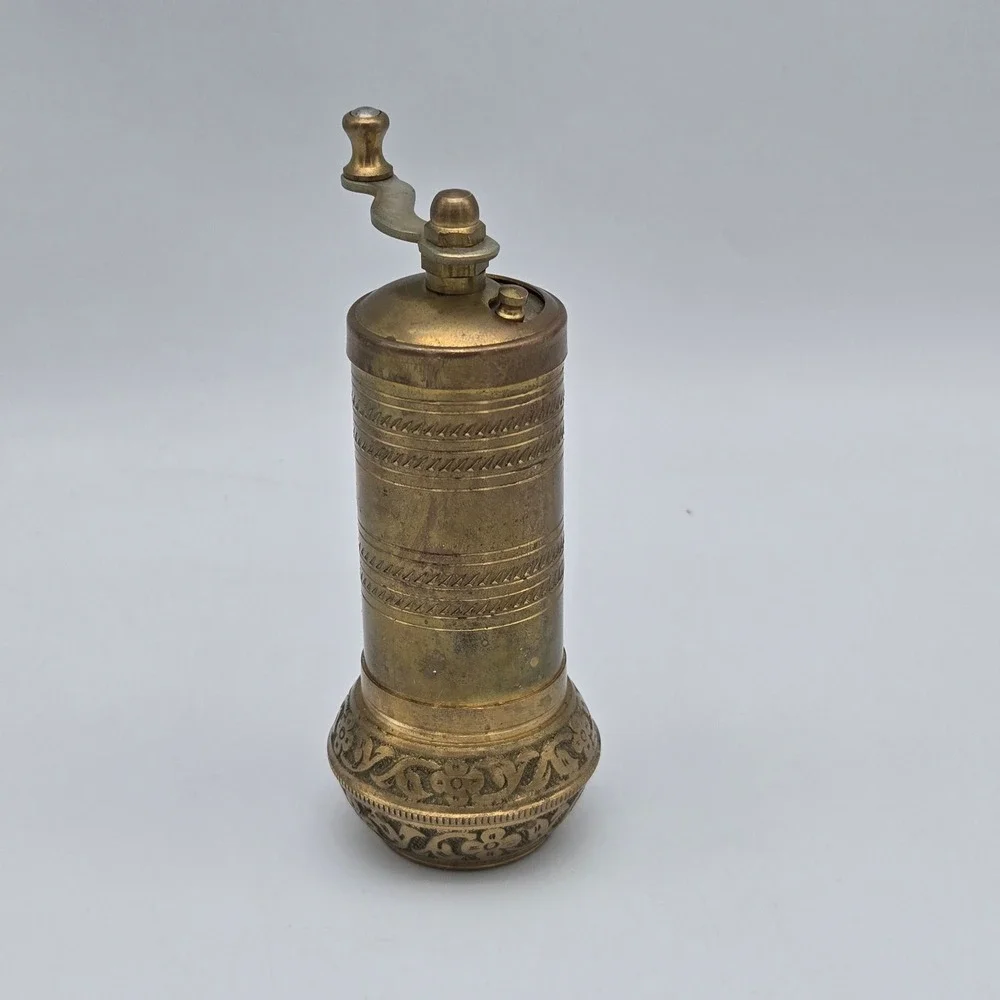 Vintage Brass Turkish Spice Pepper Mill Grinder Hand Crank Ornate Etched Design